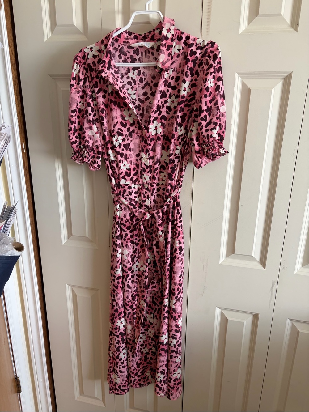 Primark cares floral patterned short sleeve Shirt Dress Size 12 pink brown white